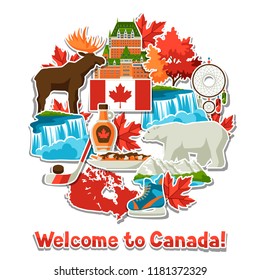 Canada sticker background design. Canadian traditional symbols and attractions.