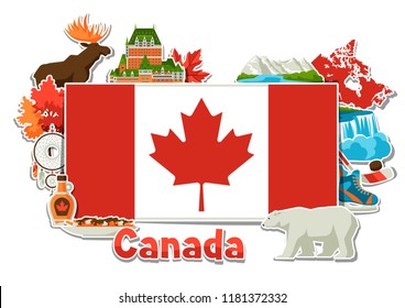 Canada sticker background design. Canadian traditional symbols and attractions.