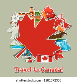 Canada sticker background design. Canadian traditional symbols and attractions.