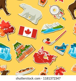 Canada sticker seamless pattern. Canadian traditional symbols and attractions.