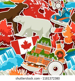 Canada sticker seamless pattern. Canadian traditional symbols and attractions.