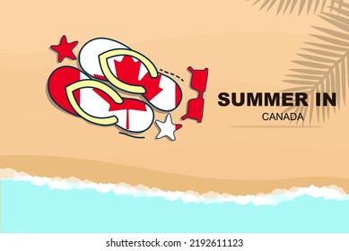 Canada Summer Holiday Vector Banner, Beach Vacation Concept, Flip Flops Sunglasses Starfish On Sand, Copy Space Area, Canada Summer Travel And Tourism Idea With Flag