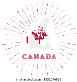 Canada sunburst badge. The country sign with map of Canada with Canadian flag. Colorful rays around the logo. Vector illustration.