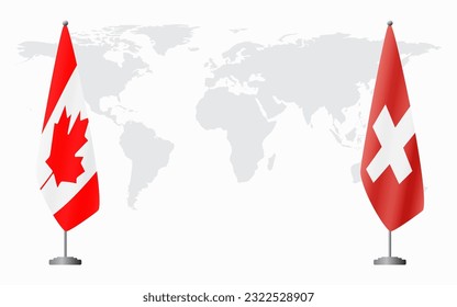 Canada and Switzerland flags for official meeting against background of world map.