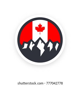 Canada symbol with mountains and Canadian flag with red maple leaf
