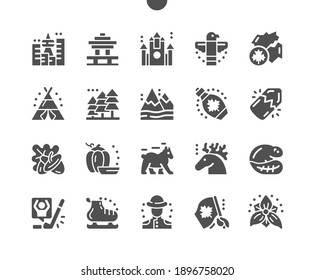 Canada. Symbol of Ontario trillium. Canadian flag. Mountains, acorn, wigwam, skates, totem, vancouver, beaver and bear. RCMP officer. Vector Solid Icons. Simple Pictogram