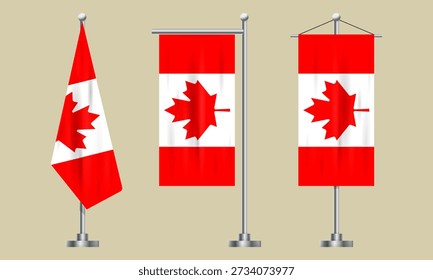Conjunto de bandera de mesa de Canadá. Anuncios de escritorio de hoja de arce canadiense en soportes metálicos para Materiales promocionales patrióticos, presentaciones gubernamentales. Ilustración vectorial, EPS10