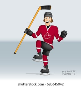 Canada team ice hockey player celebrating the goal drawn in cartoon style 