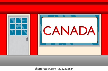 Canada text with front door background. Bar, Cafe or drink establishment front with poster.