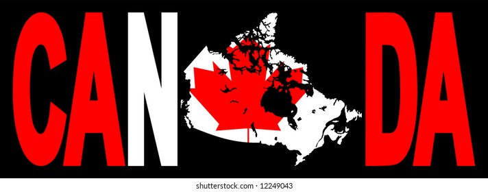 Canada text with map on Canadian flag illustration