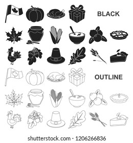 Canada Thanksgiving Day black icons in set collection for design. Canada and Tradition vector symbol stock web illustration.