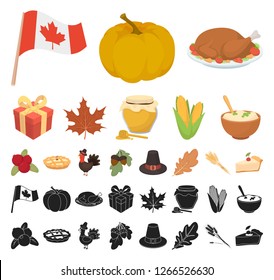 Canada Thanksgiving Day cartoon, black icons in set collection for design. Canada and Tradition vector symbol stock web illustration.