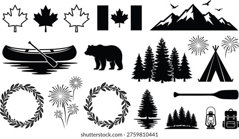 Canada themed camping icons set with maple leaf flag canoe bear mountains forest tent fireworks paddle lantern backpack silhouettes vector