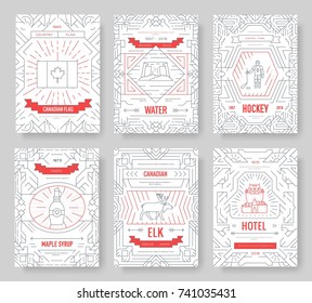 Canada thin line brochure cards set. Country traditional template of flyear, magazines, posters, book cover, banners. Architecture outline invitation concept background. Layout quality modern pages.
