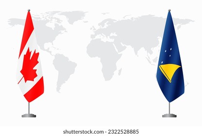 Canada and Tokelau flags for official meeting against background of world map.