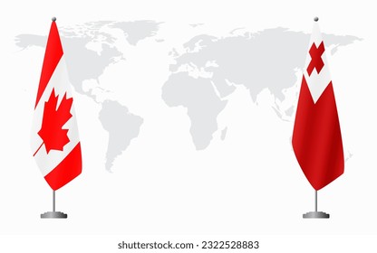 Canada and Tonga flags for official meeting against background of world map.