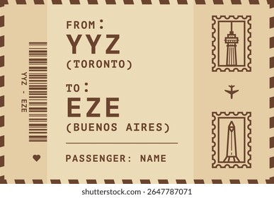 Canada, Toronto - Argentina, Buenos Aires flight, luggage tag, boarding pass card. Vector illustration layout for infographic, postcard, sticker, print, promo in vintage style with landmark stamps