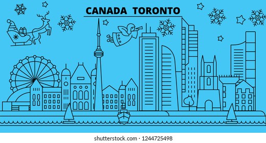 Canada, Toronto city winter holidays skyline. Merry Christmas, Happy New Year decorated banner with Santa Claus.Canada, Toronto city linear christmas city vector flat illustration
