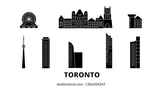 Canada, Toronto flat travel skyline set. Canada, Toronto black city vector illustration, symbol, travel sights, landmarks.