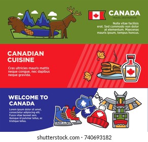 Canada tourism travel attraction landmarks and culture famous cuisine symbols vector banners