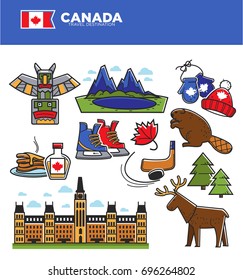 Canada tourism travel landmarks and culture famous symbols vector icons set