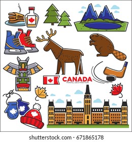 Canada touristic map with sightseeings colorful graphic poster