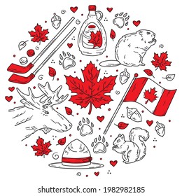 Canada traditional Doodle-style symbols and icons set, hand-drawn. Circular vector concept for greeting cards, banners and posters. Flag, maple leaves and animals.