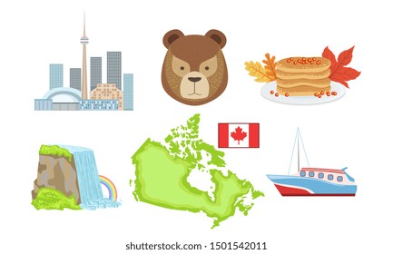 Canada Traditional Symbols and Attractions Set, Bear, Pancakes, Niagara Fall, Map, Ship. Vector Illustration.