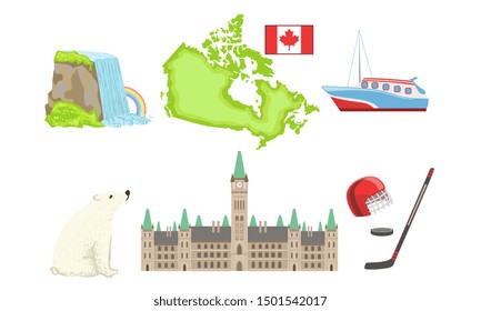 Canada Traditional Symbols and Attractions Set, Niagara Fall, Map, Ship, Parliament Building, Poalr Bear, Hockey Signs. Vector Illustration.