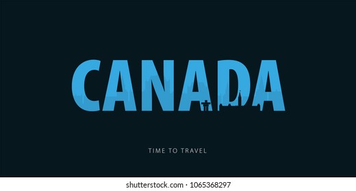 Canada. Travel bunner with silhouettes of sights. Time to travel. Vector illustration