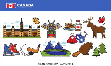 Canada travel destination advertisement with country symbols set