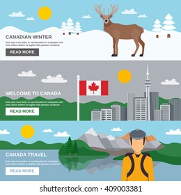 Canada travel horizontal banners set with winter forest architecture hiking among mountains and lakes isolated vector illustration 