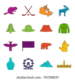 Canada travel icons set. Doodle illustration of vector icons isolated on white background for any web design
