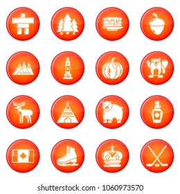 Canada travel icons set vector red circle isolated on white background 
