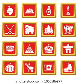 Canada travel icons set vector red square isolated on white background 