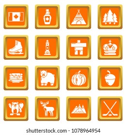 Canada travel icons set vector orange square isolated on white background 