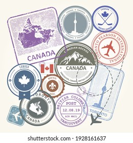 Canada Travel Stamps Set, Journey Symbols Of Toronto, Canada And Quebec, Stickers And Labels, Vector