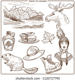 Canada travel tourism landmarks and culture symbols sketch. 