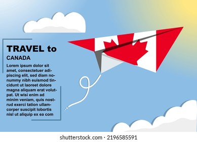 Canada travel vector banner with paper flag and text space, Canada country flag on paper plane, holiday and vacation concept, summer travel template and pattern, flight ticket idea