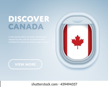 Canada travel. Vector banner with realistic airplane porthole window design on grey background and offer flight to Canada country. Vacation tourism or weekend adventure advertisement illustration
