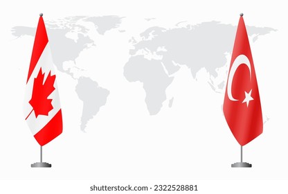 Canada and Turkey flags for official meeting against background of world map.