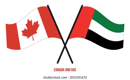 Banderas de Canadá y Emiratos Árabes Unidos cruzan y ondean estilo plano. Proporción oficial. Colores correctos.
