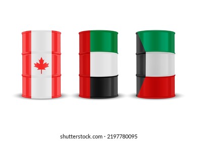 Canada, United Arab Emirates, Kuwait Oil Barrels. Vector 3d Realistic Metal Enamel Oil Barrel Isolated. Crude, Oil Barrel Design Template