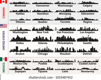 Canada, United States and Mexico cities skylines silhouettes