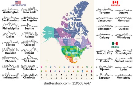 Canada, United States and Mexico detailed map with states names and borders. Flags and largest cities skylines outline icons of United States, Canada and Mexico