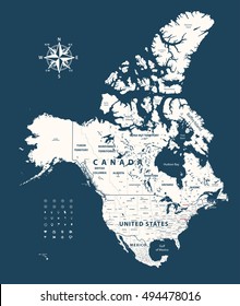 Canada, United States and Mexico map with states borders on dark blue background. Vector illustration