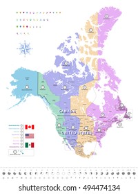Canada, United States and Mexico time zones map. All elements separated in detachable and labeled layers. Vector illustration