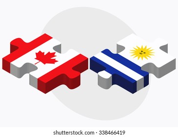 Canada and Uruguay Flags in puzzle isolated on white background