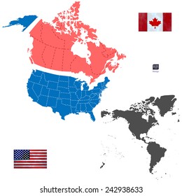 Canada, USA Map, Flags