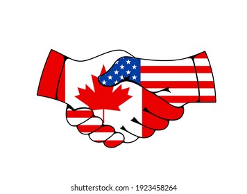 Canada and USA relations, business and trade cooperation vector concept. Countries good relationships and support, states military and political union. Handshaking hands with US and Canadian flags